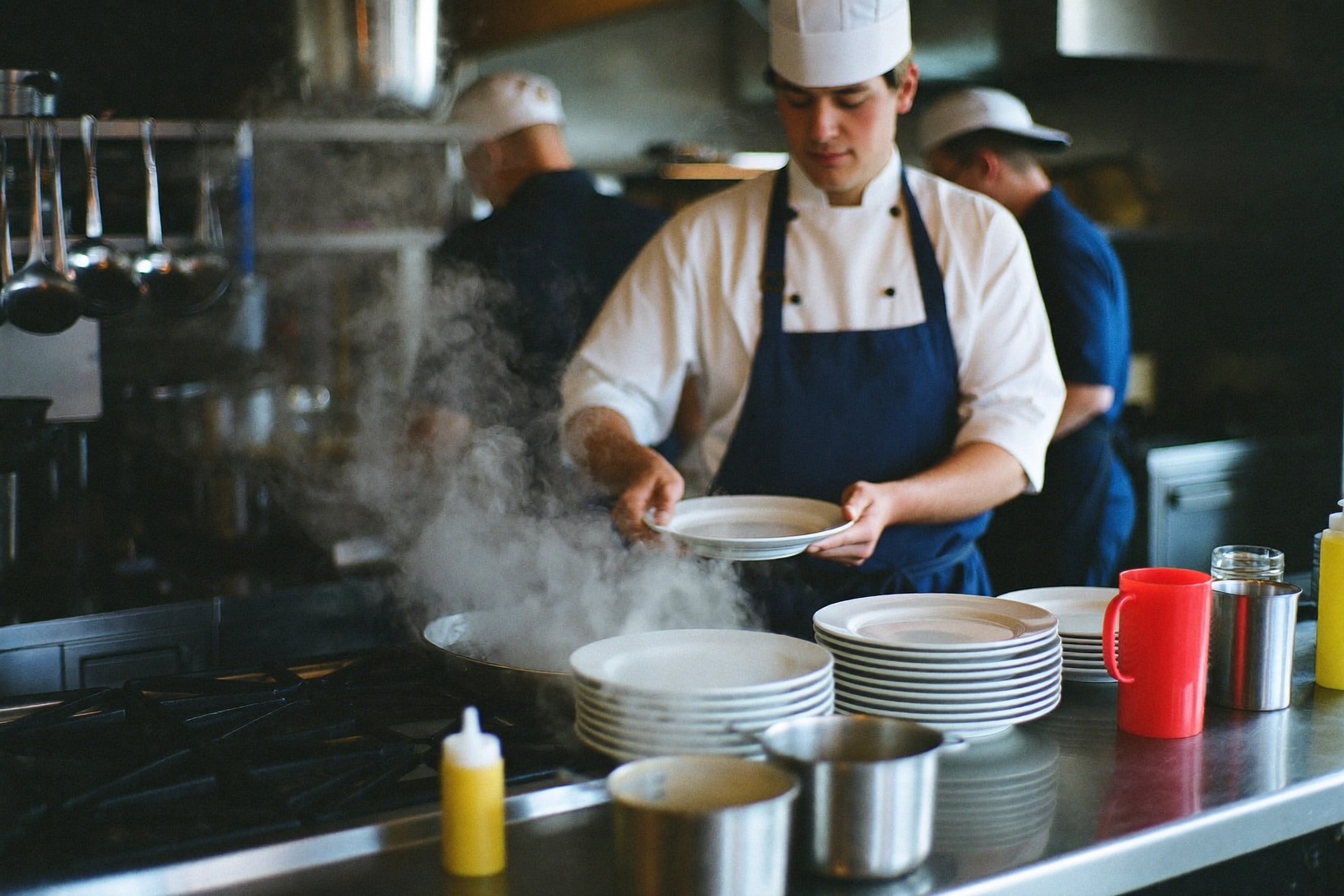 A chef finishing plates on the line in a working restaurant kitchen