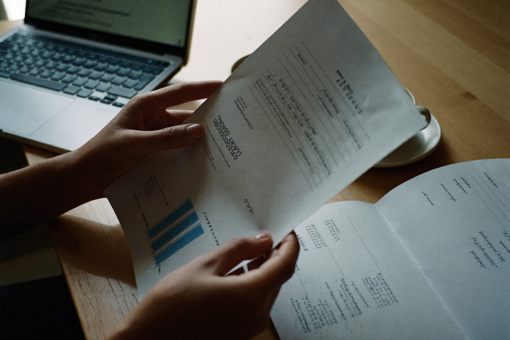 Close crop of hands reviewing paperwork beside a laptop